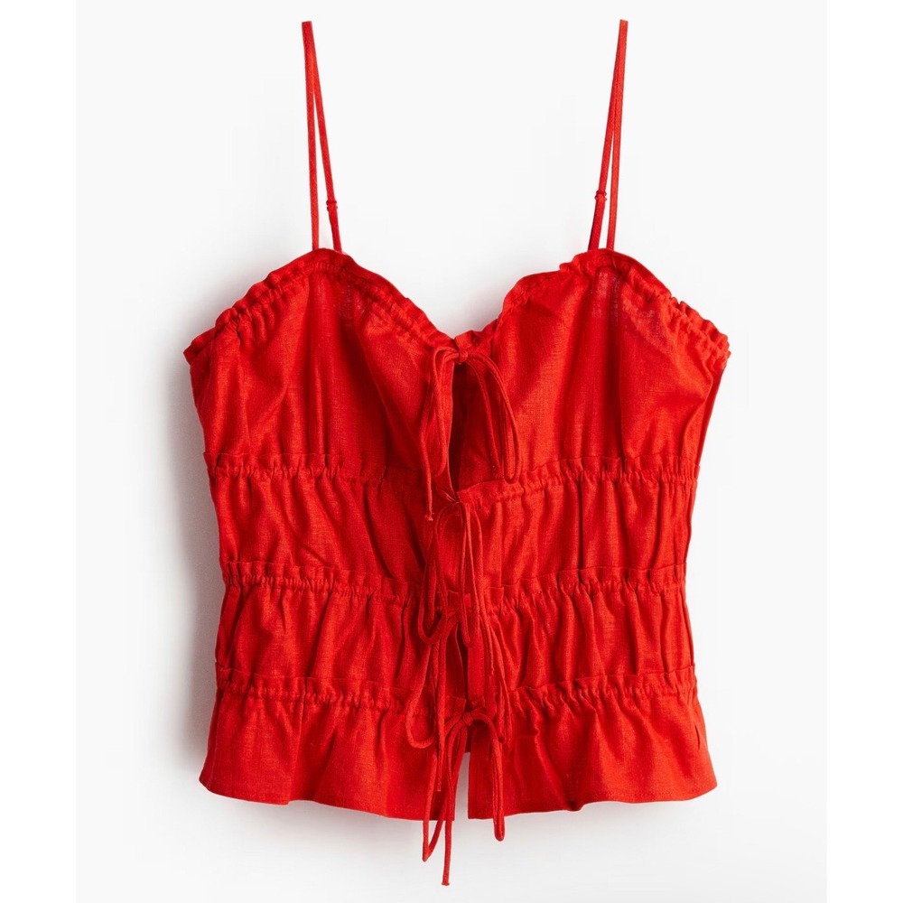 H&M Divided Womens Red Linen Blend Tie Front Cottagecore Cami Top Size XS